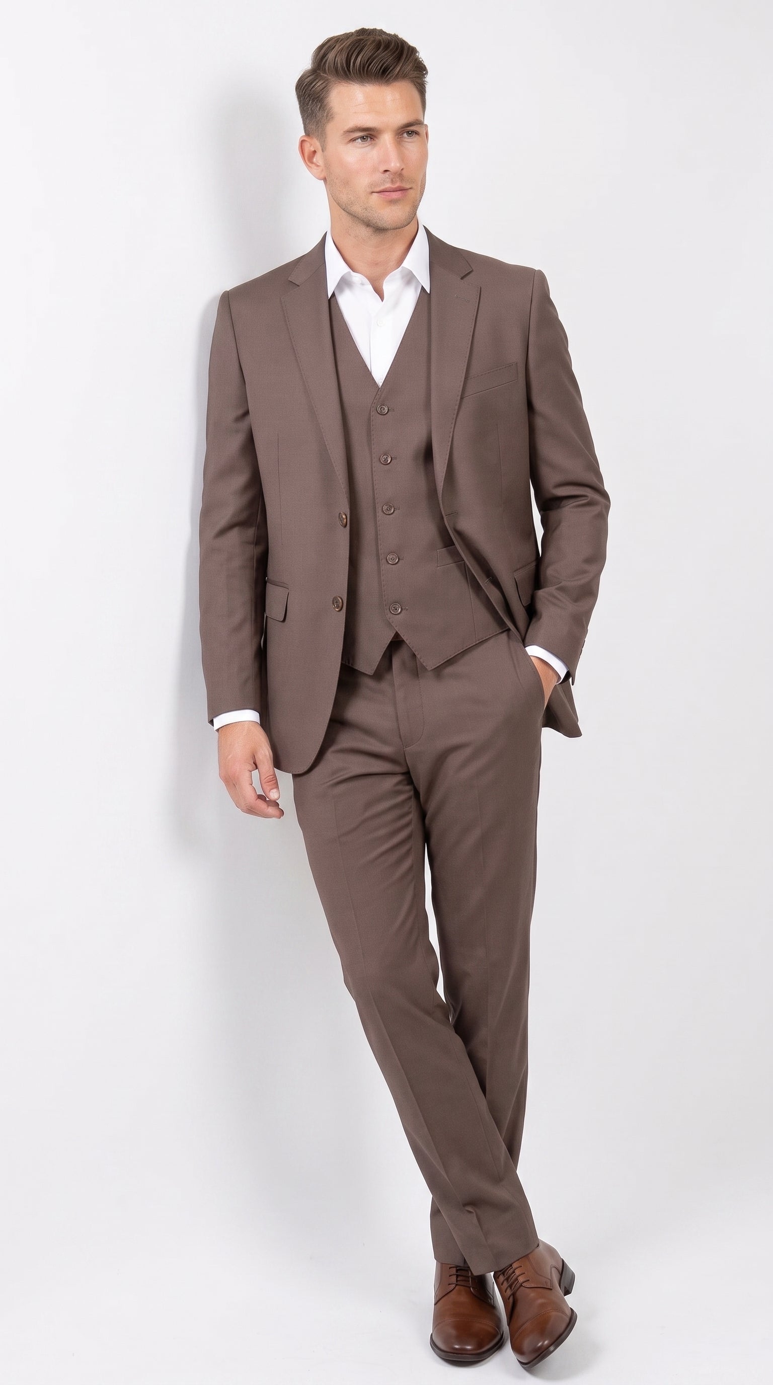 Men’s Zagarie Brand Light Brown Mocha 3-Piece Wool Suit – Modern Wedding, Business and Formal Suit with Pick Stitching - 34 Short or Extra Small