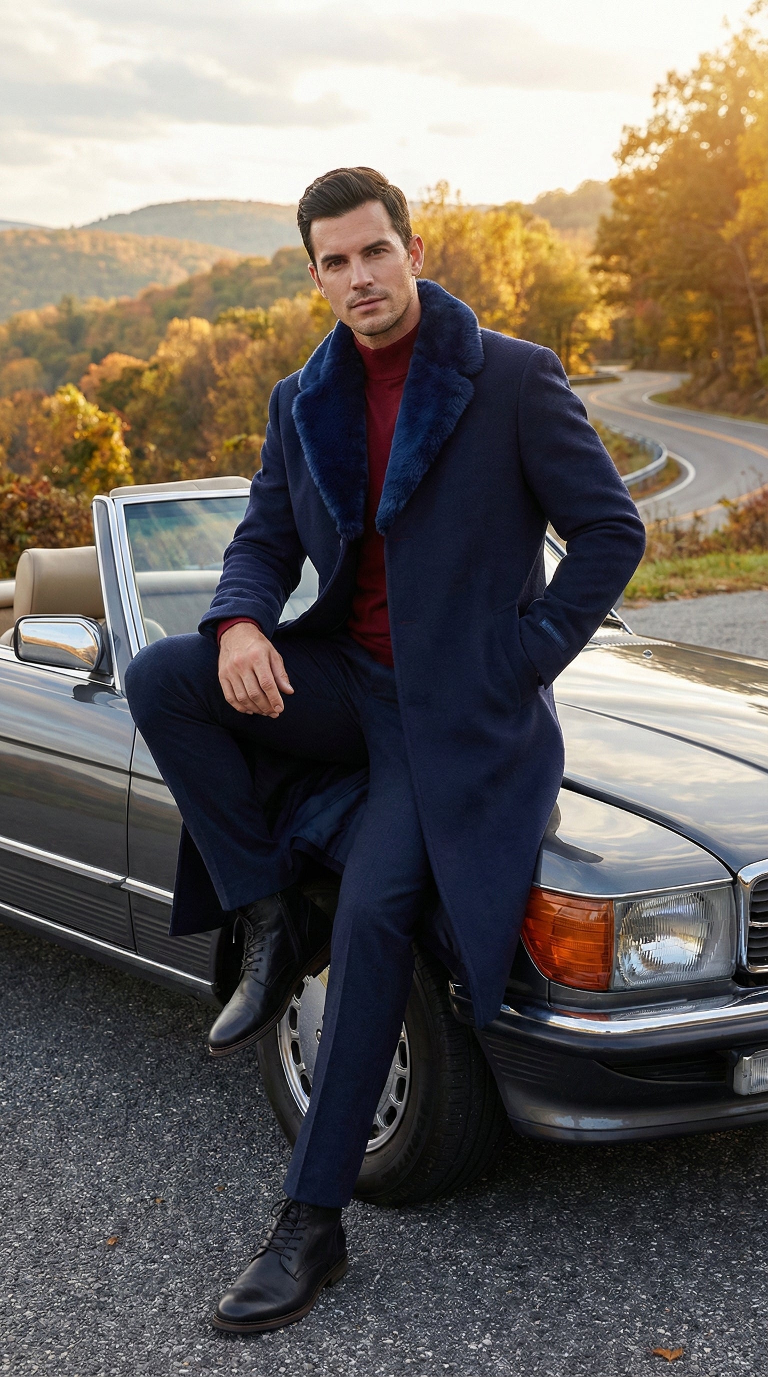 Mens Dark Navy Blue Long Overcoat with Faux Fur Collar, Classic Winter Dress Coat for Formal - Coat Size 38