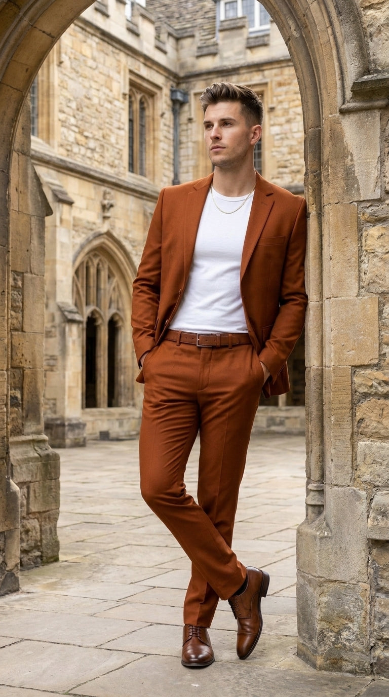 Men’s Burnt Orange Modern Fit Suit – Slim Fit Wedding, Prom and Formal 2-Piece Suit Copper Brick Color - 34 Short or Extra Small