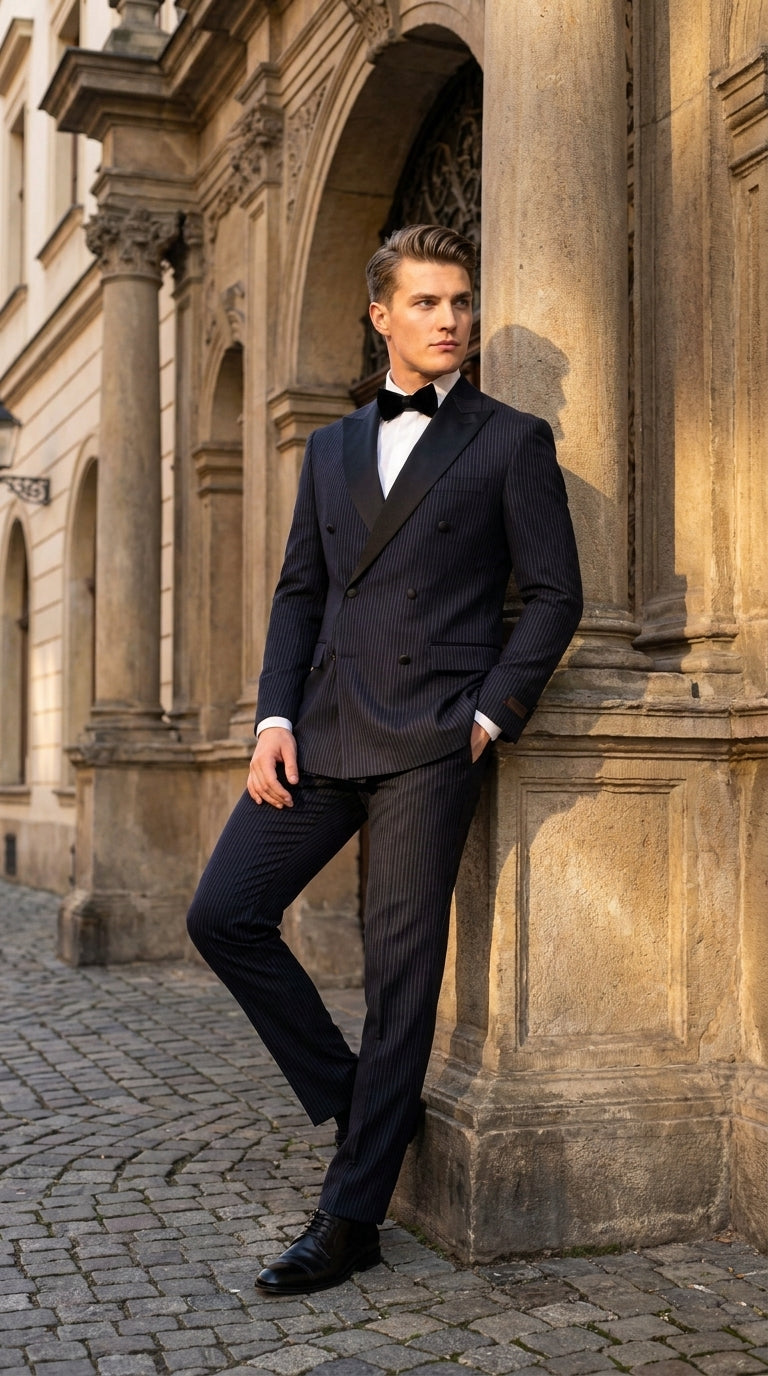 Men’s Navy Blue Double-Breasted Tuxedo – Tone-on-Tone Shadow Pinstripe Formal Wedding and Prom Suit - 34 Short or Extra Small