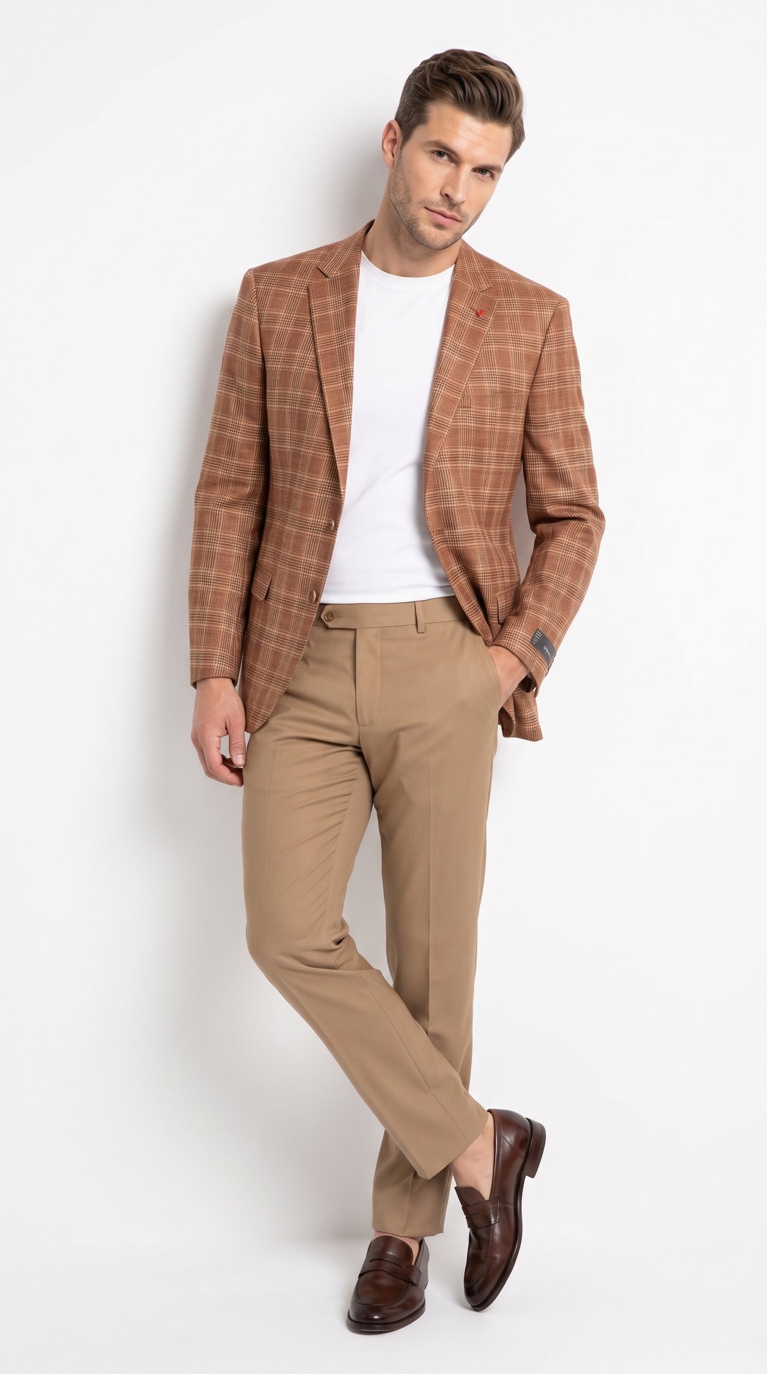 Vitali Men’s Rust Copper Brown Plaid Blazer with Tan Pants – Classic Windowpane, Business and Smart-Casual Birck color  Suit - 36 Short