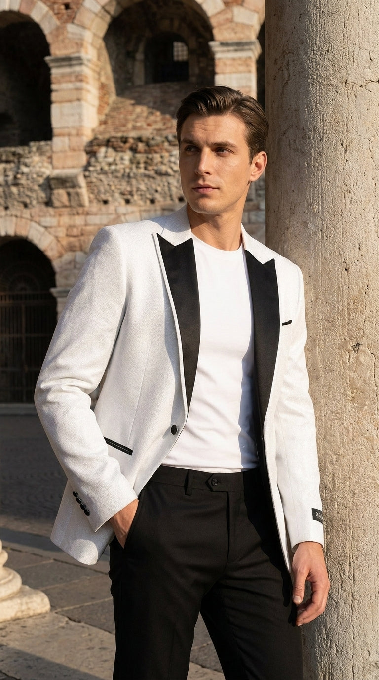Men's White Sparkle Dinner Jacket – Black Satin Shawl Lapel Tuxedo Blazer   Slim Fit Sequin Shiny Prom Jacket - 34 Short or Extra Small