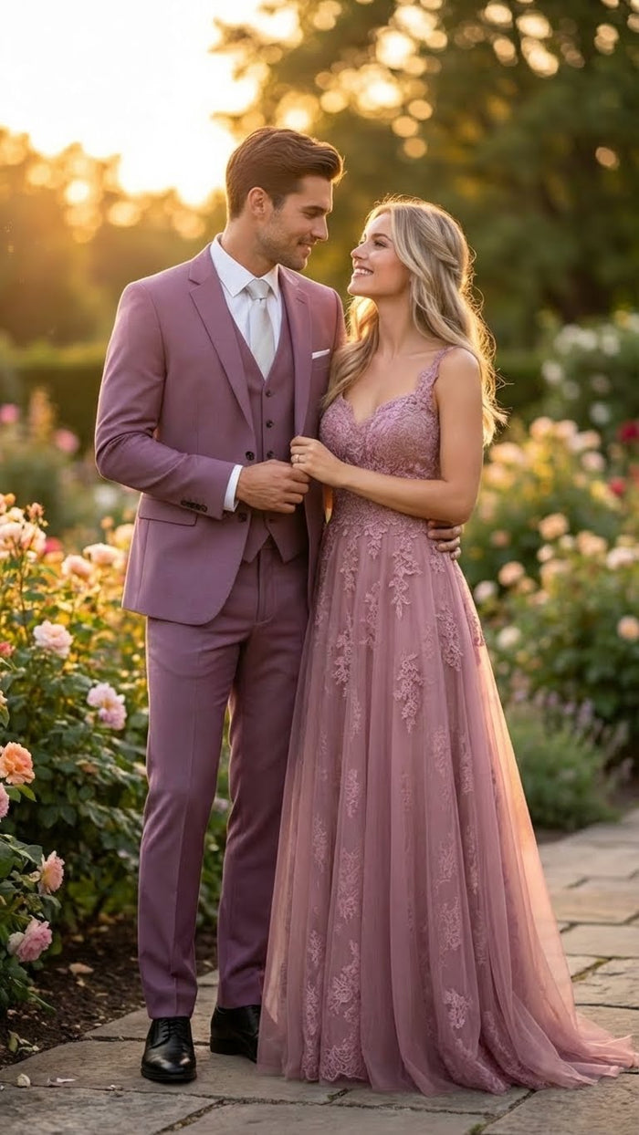 Mens Mauve Three-Piece Suit - Slim Fit Formal Blazer, Vest, and Trousers for Weddings Rose Gold Pinkish Color