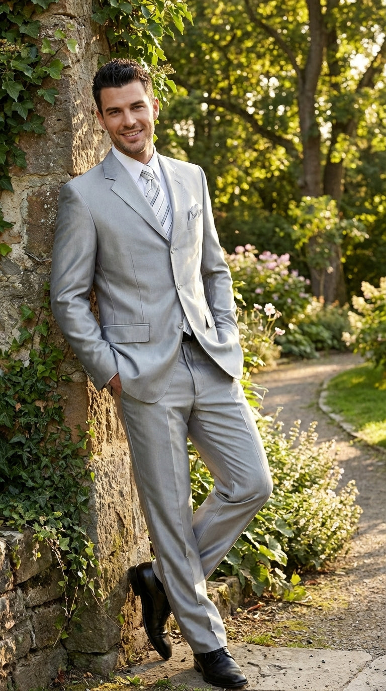Men’s Silver Grey Sharkskin Suit – 3 Button Classic Fit Shiny Formal Suit for Wedding, Business and Party Wear - 34 Short or Extra Small
