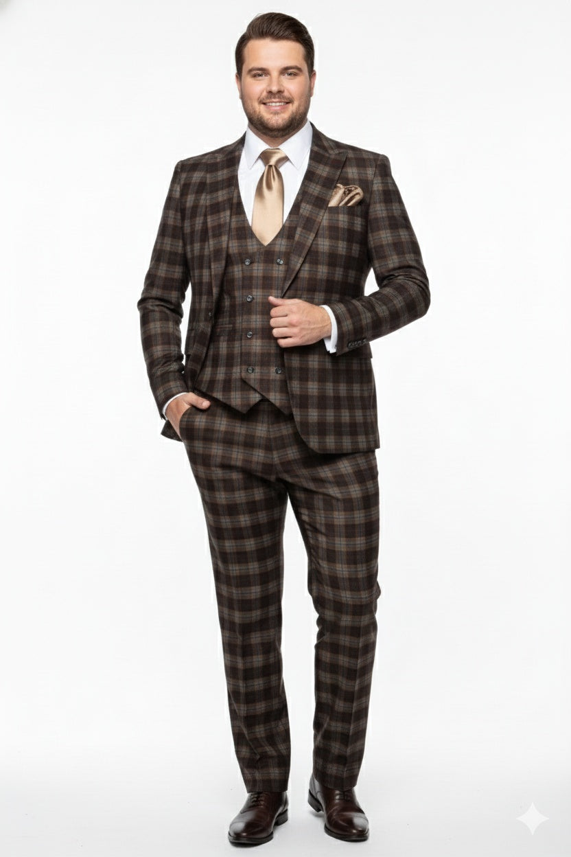 Mens Brown Plaid Windowpane Three-Piece Suit Set Classic Slim Fit Jacket, Double-Breasted Vest and Modern Fit Pants  By Rossiman