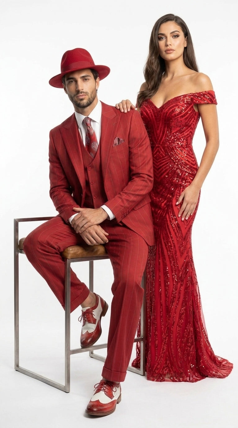 Men’s Red & White Pinstripe 3-Piece Suit by Mazari – Peak Lapel Classic Fit Gangster Suit with Pleated Pants - 34 Short or Extra Small