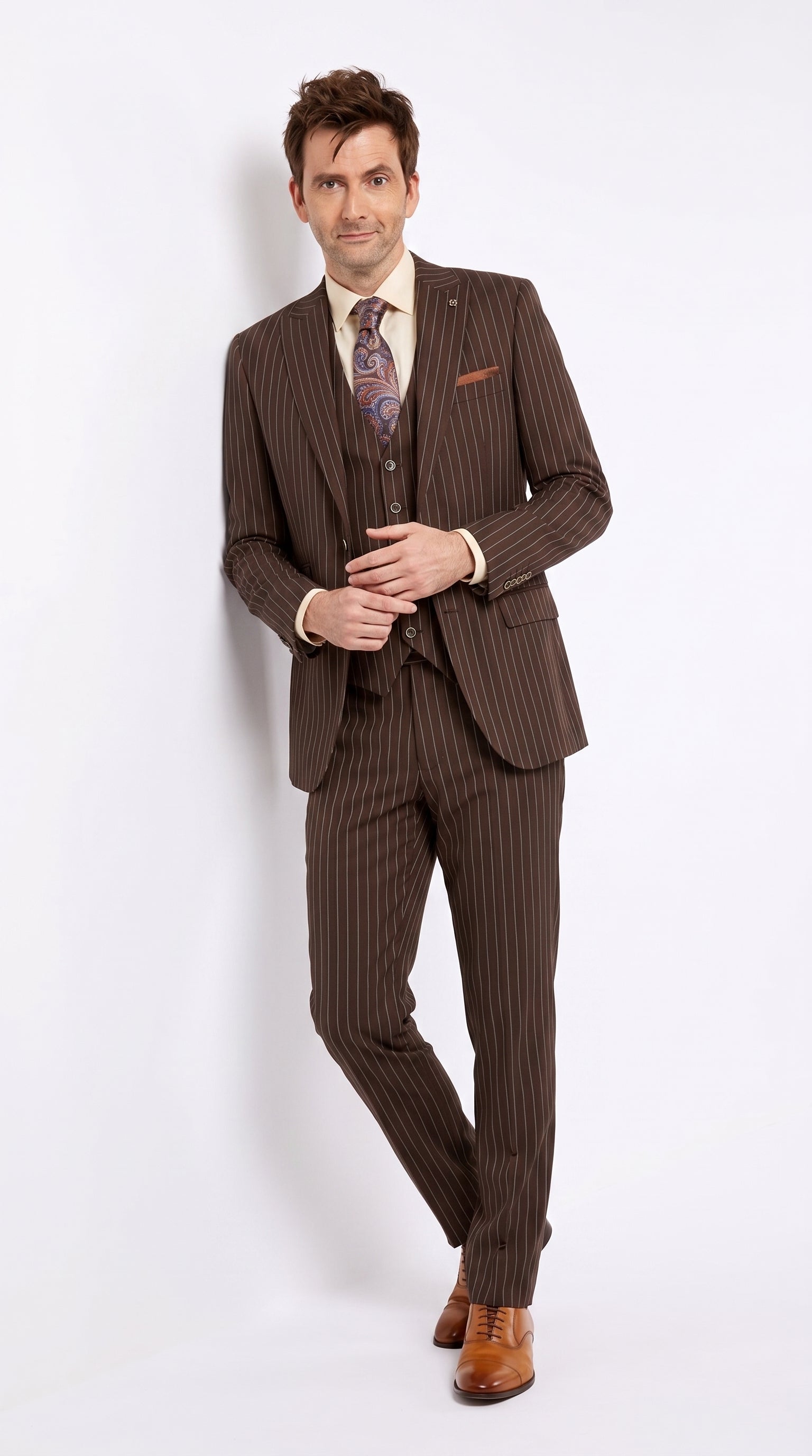 Men’s Doctor Who Inspired Brown Pinstripe 3-Piece Suit – Retro Vintage Wedding, Costume & Formal Suit - 34 Short or Extra Small
