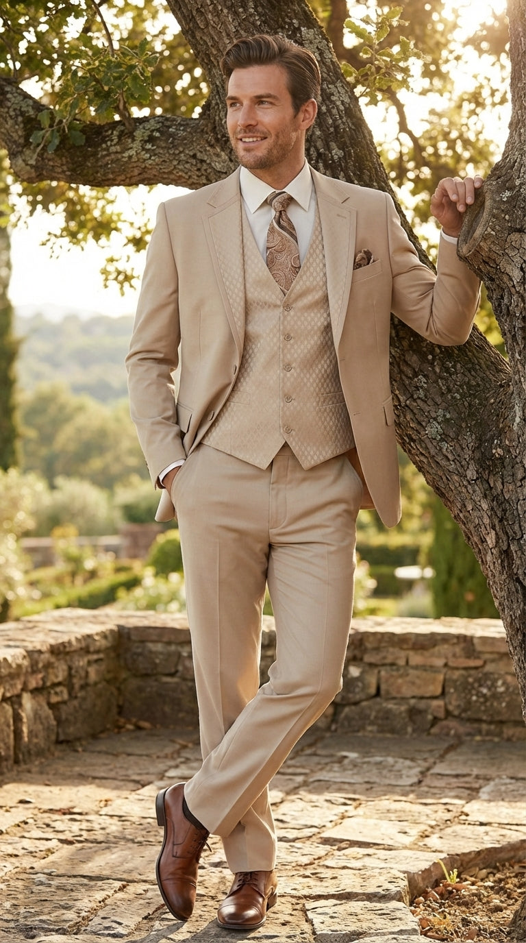 Men’s Tan Beige 3 Piece Tuxedo Suit – Beige Formal Suit Set with Vest, Patterned Lapel and Tie for Wedding, Prom in Tan Khaki Color - 34 Short or Extra Small