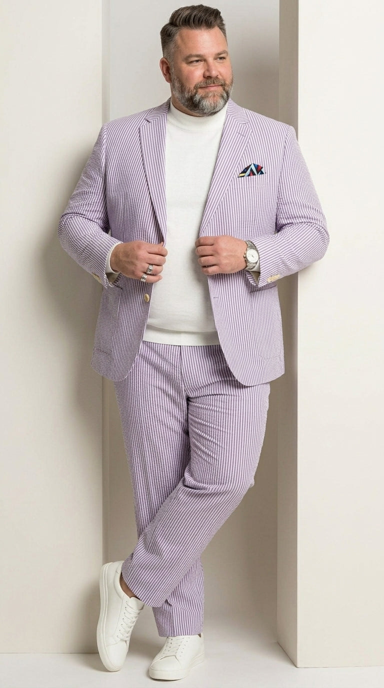 Men’s Lavender Seersucker 2 Piece Suit, Lightweight Summer Blazer and Pants Set for Weddings, Parties, Prom, and summer fabric - 34 Short or Extra Small