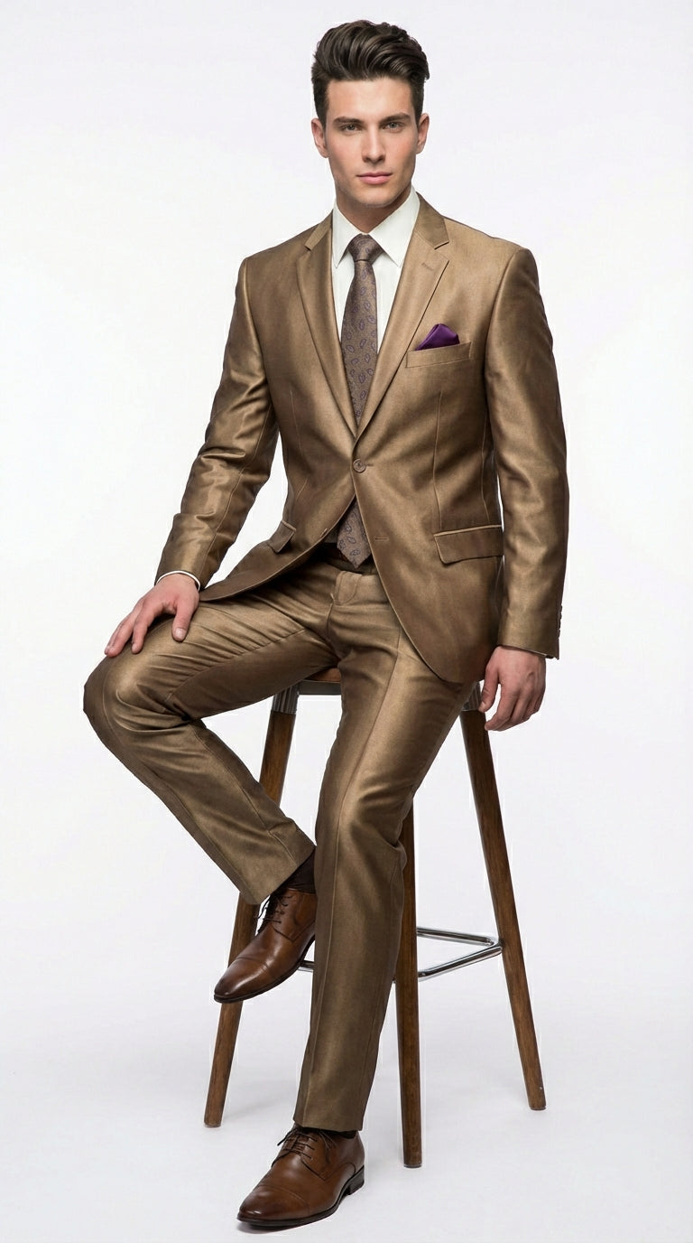 Mens Gold Brown Tan Beige Khaki Bronze Formal Suit – Luxury Metallic Finish Wedding and Prom Suit for Men - 34 Short or Extra Small