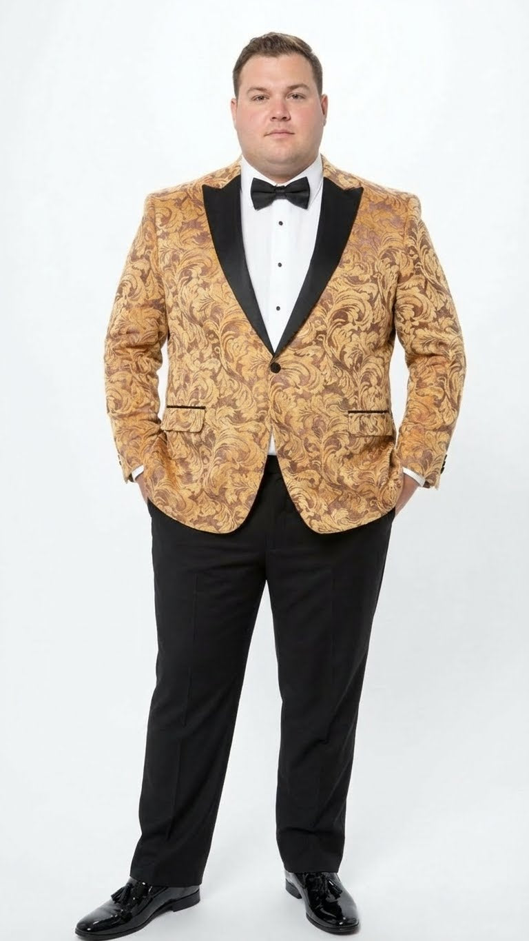 Men’s Yellow Gold Baroque Pattern Tuxedo Blazer Suit – Party and Wedding Jacket Prom Paisley Black Pants - 36 Short