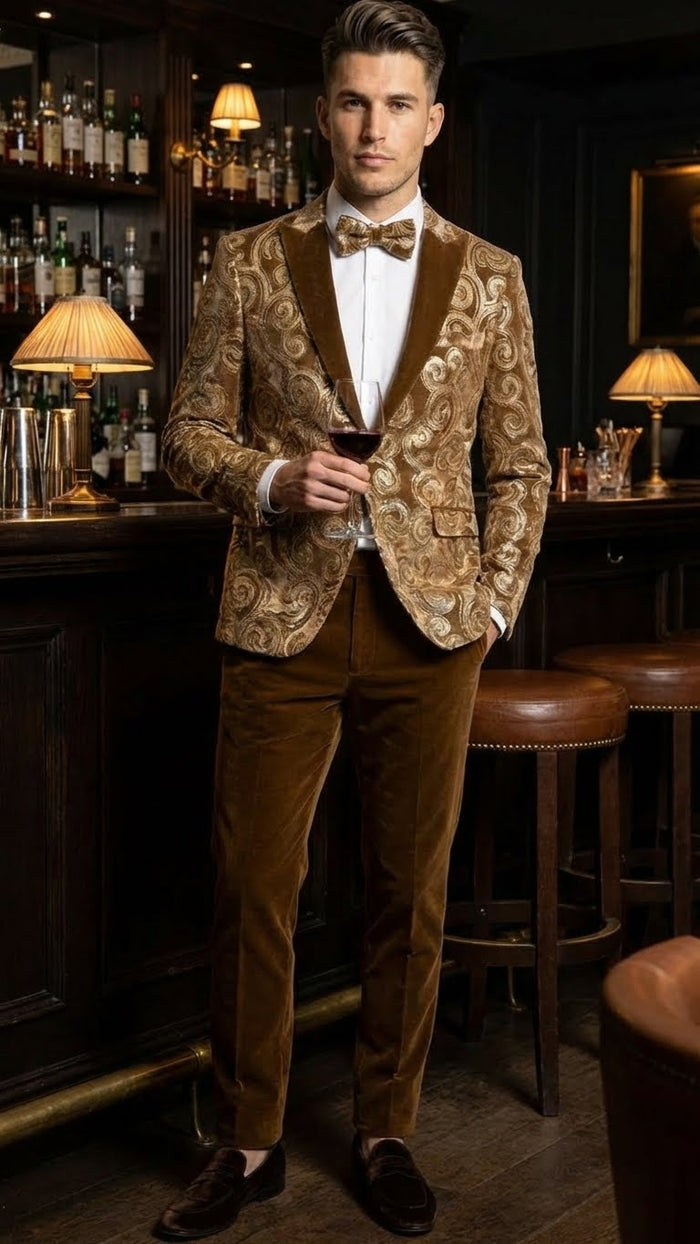 Mens Goldish Light brown Tuxedo dinner Jacket Embroidered Blazer Velvet Jacket for Formal Paisley Pattern Coffee Mocca Color