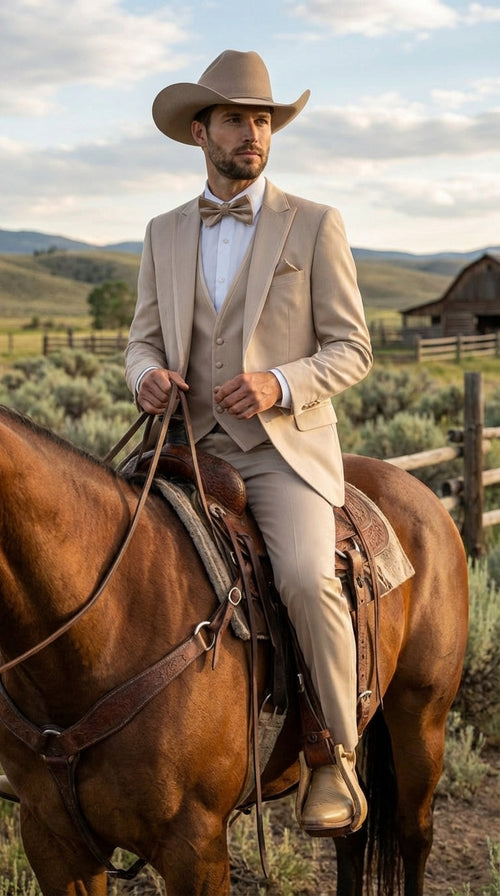Mens Beige Tan Khaki CowboyTuxedo Suit Western Formal Three Piece Suit with Jacket Vest and Pants