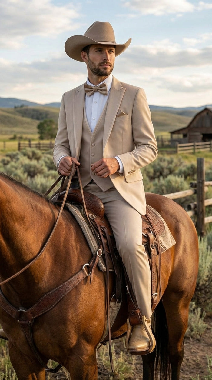 Mens Beige Tan Khaki CowboyTuxedo Suit Western Formal Three Piece Suit with Jacket Vest and Pants