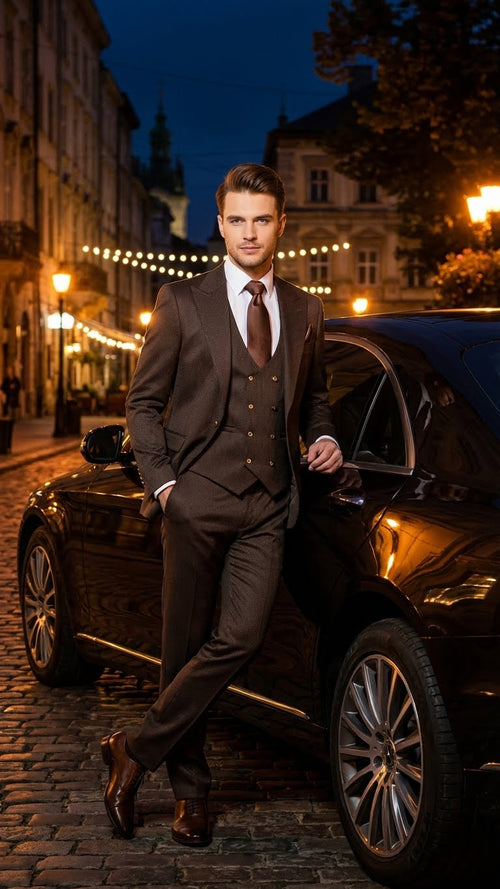 Mens Chocolate Brown Textured 3-Piece Suit Luxury Double-Breasted Vest Formal Set