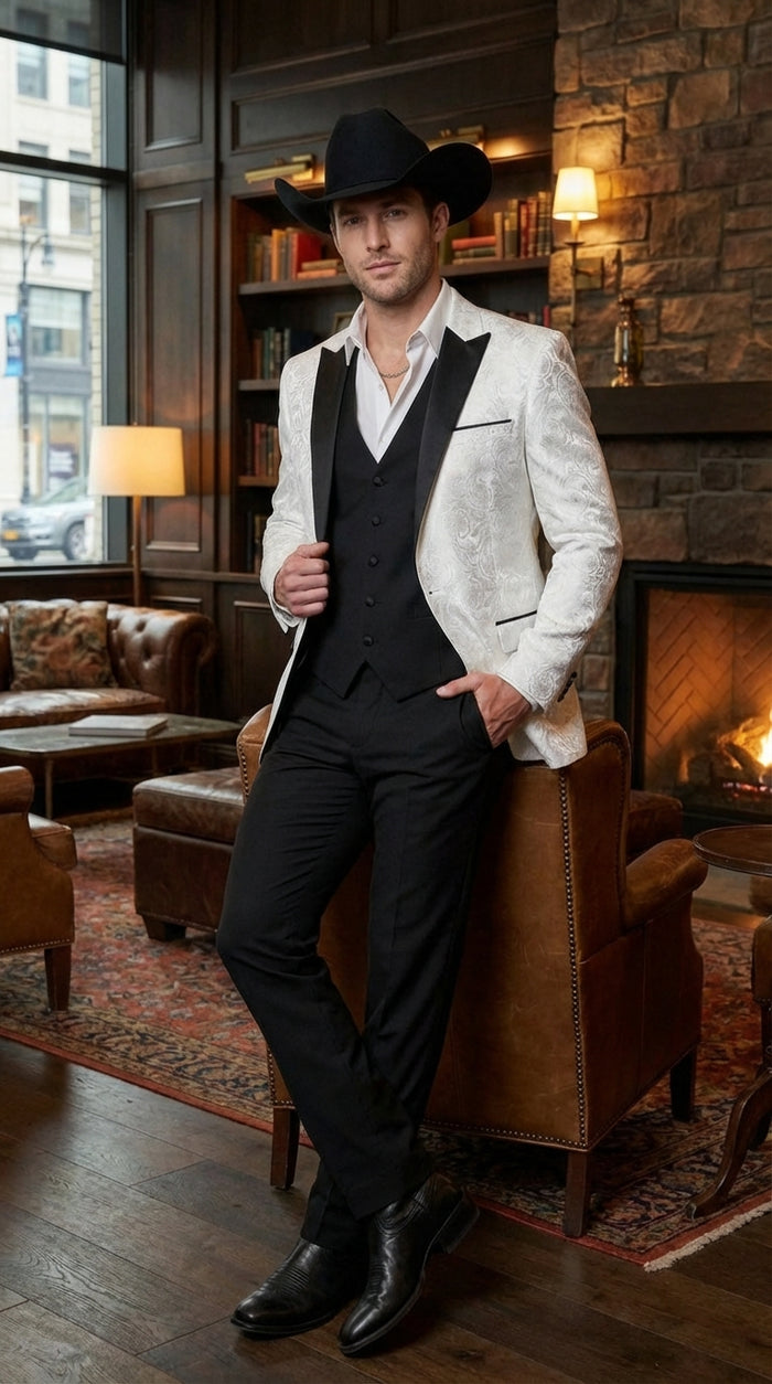Mens White Paisley Cowboy Tuxedo with Black Satin Lapel – Western Formal Wedding Suit Jacket