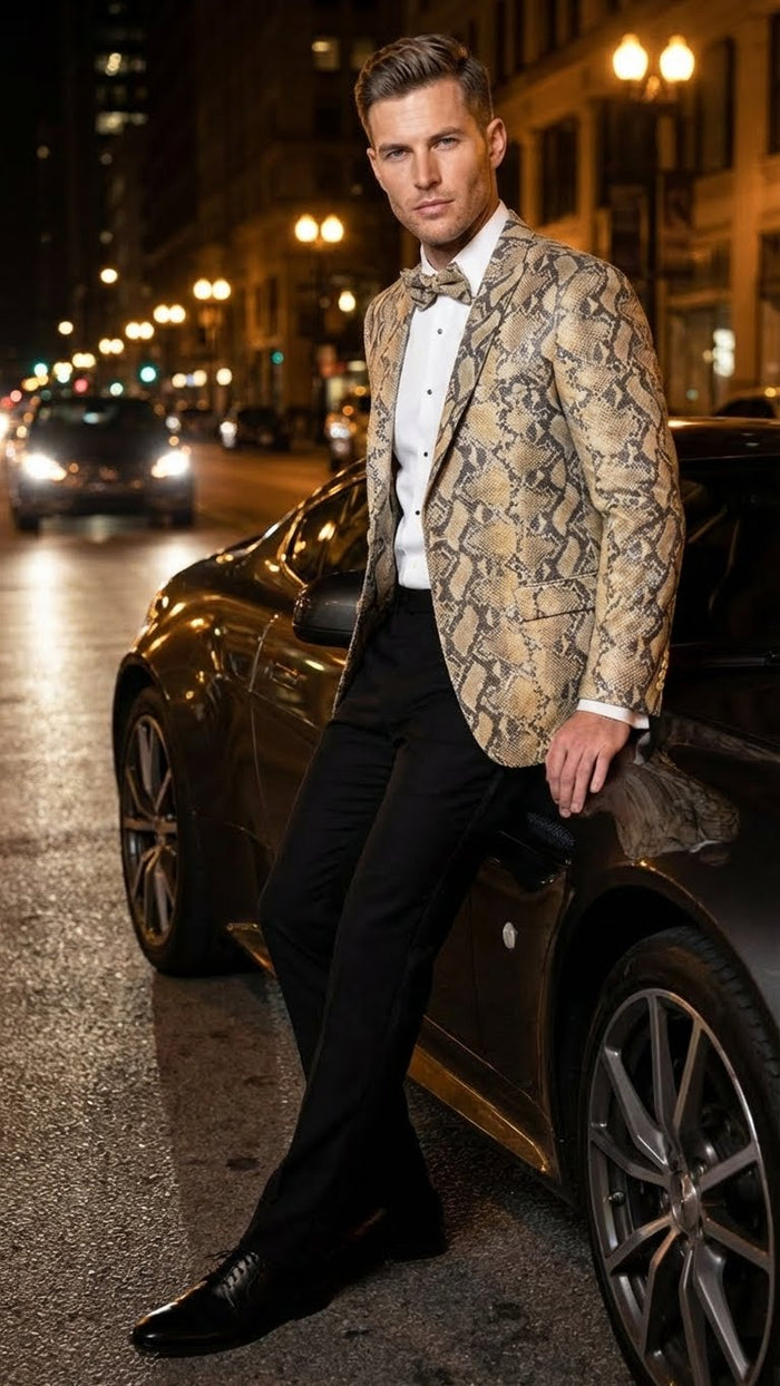 Mens Beige and Black Snakeskin Print Blazer Alligator Crocodile Exotic Sking Sport Coat Jacket in Tan Camel Color