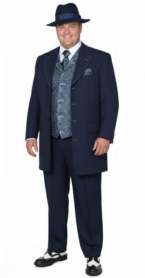 Mens 1920s Navy Blue Zoot Suit Vintage Gangster 3-Piece Long Jacket Suit Classic Fit Pleated Pants