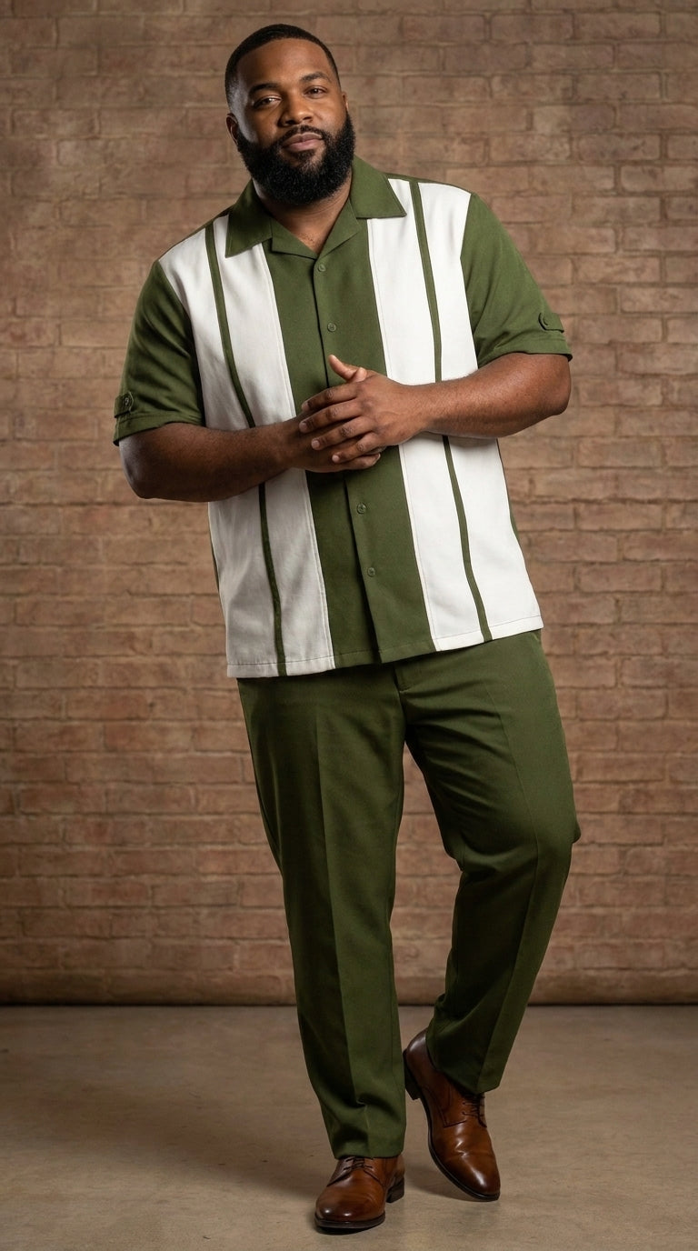 Men’s Olive Green and White Walking Suit – 2-Piece Short Sleeve Casual Leisure Outfit - Small