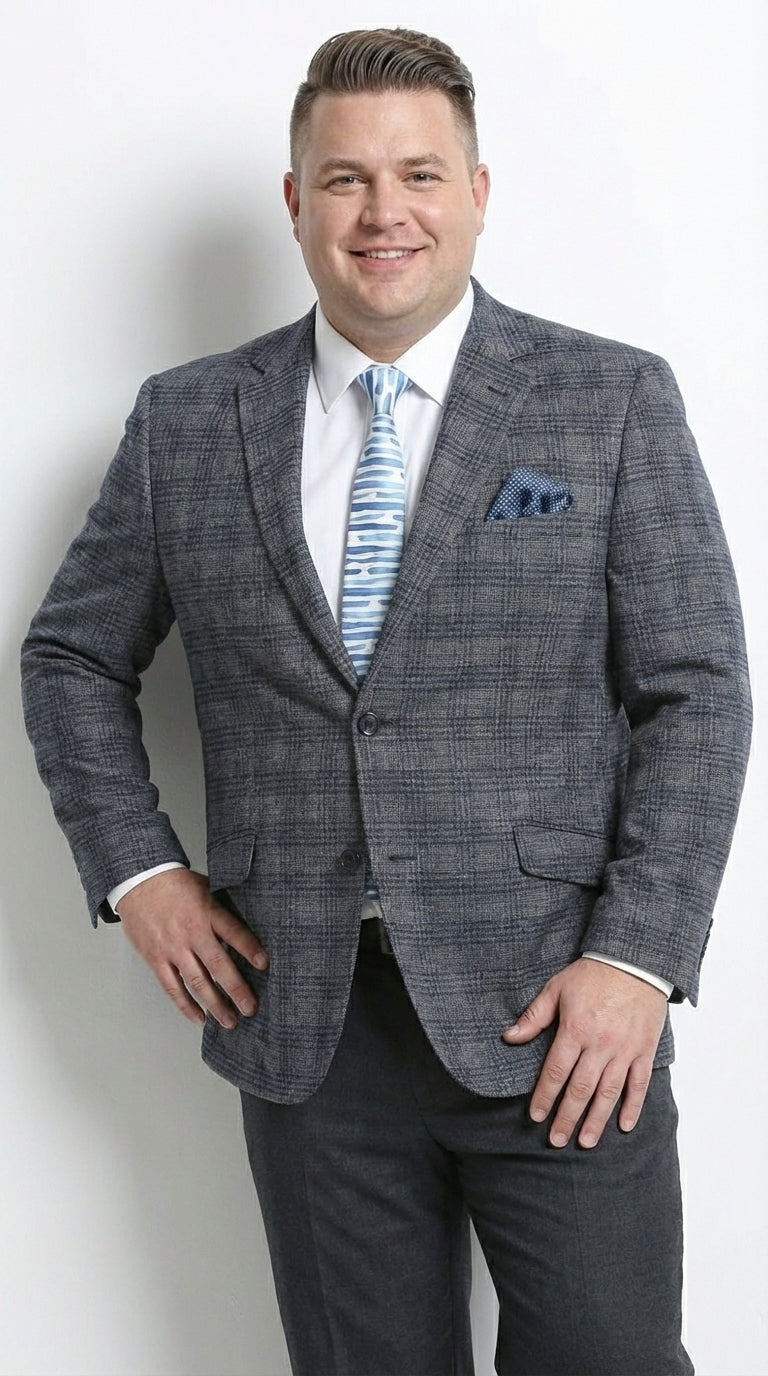 Mens Charcoal Gray with Blue Plaid Pattern Blazer Jacket – Classic Check Pattern Sport Coat for Business, Office, and Smart Casual Wear - 36 Short