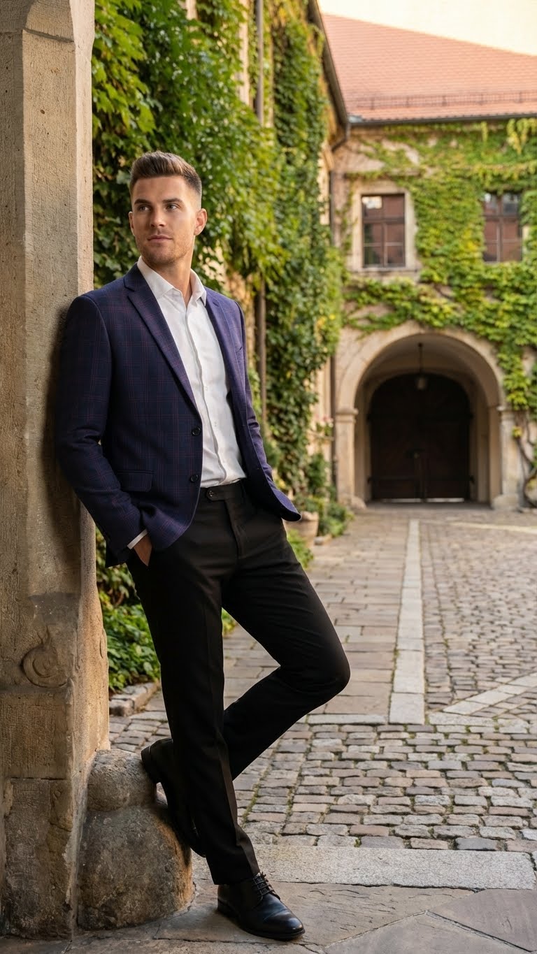 Men’s Big and Tall Navy Blue with Burgundy Plaid Jacket and Sport Coat – Wool Blazer - 36 Short