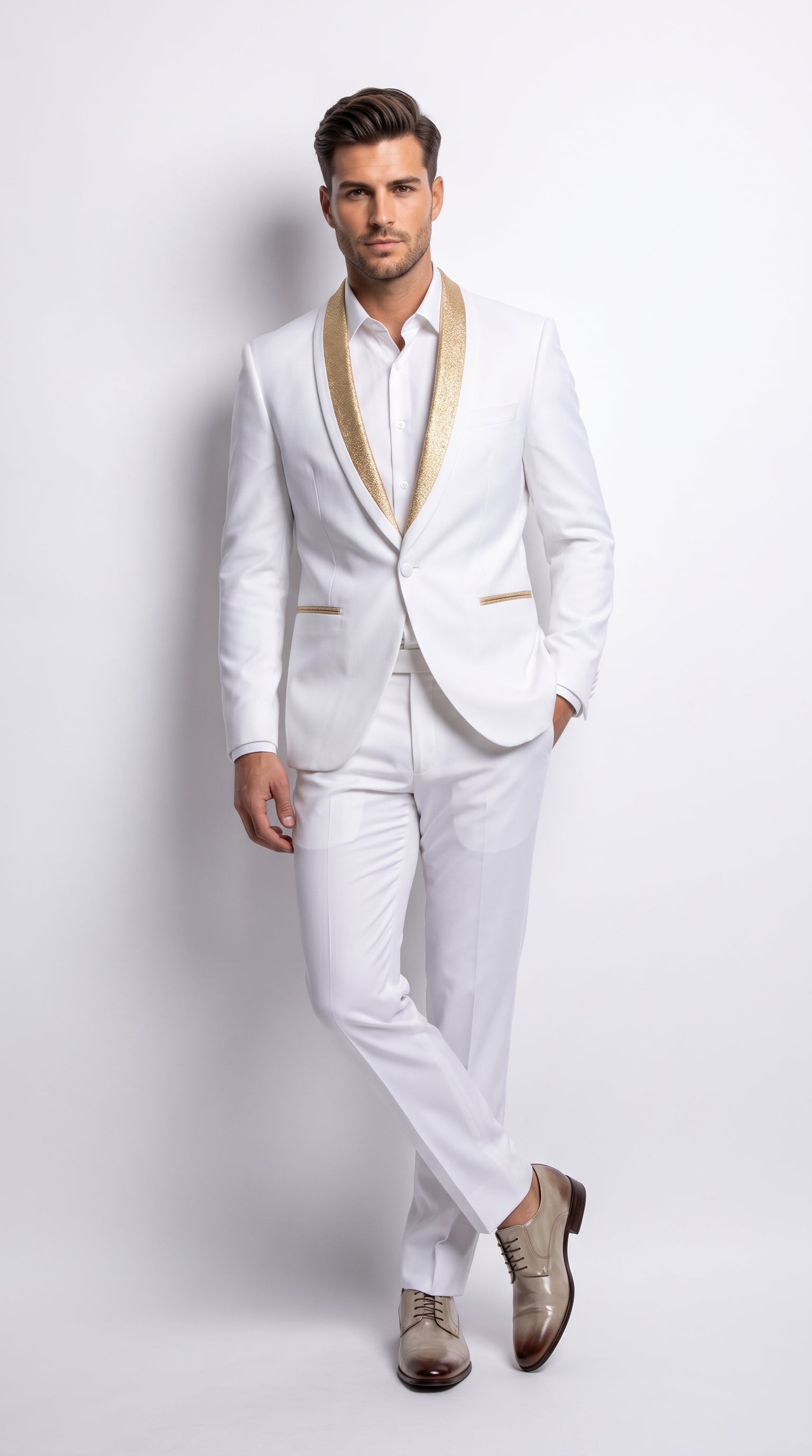 Men’s White and Gold Lapel 2-Piece Tuxedo Suit with Gold Glitter Shawl Lapel – Wedding, Prom and Dinner Jacket - 34 Short or Extra Small