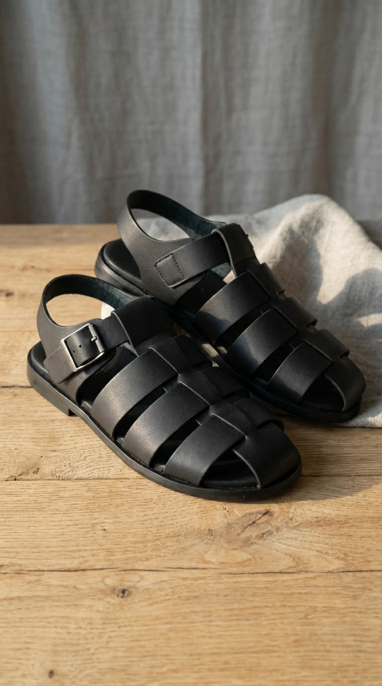 Mens Black Leather Sandals – Buckle Strap Casual Summer Shoes Breathable Open Toe Comfort Footwear - 39 (6-6.5 US)