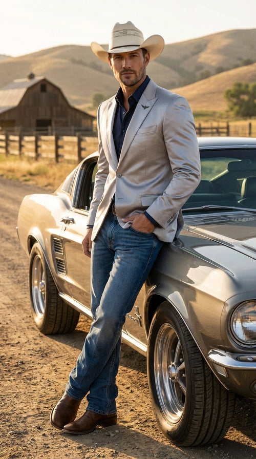 Mens Shiny Silver Cowboy Blazer Western Style Satin Finish Blazer for Party, Country Events and Evening Wear