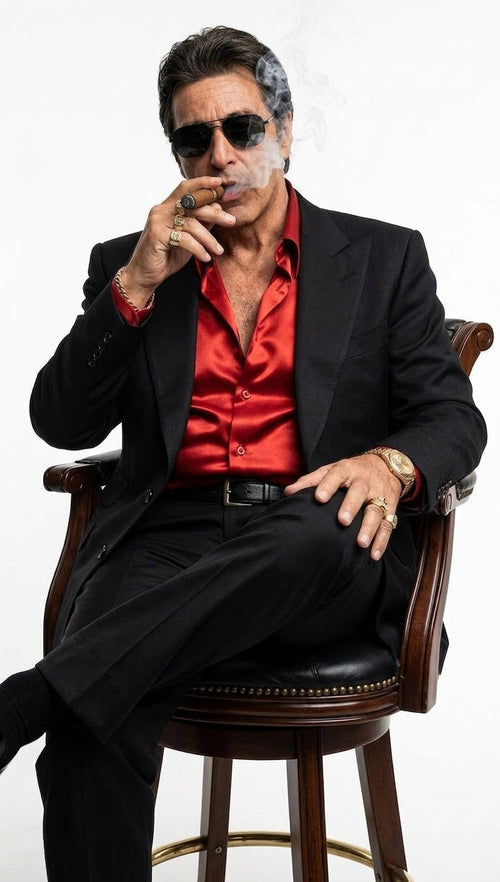 Tony Montana’s Black Blazer with Red Sateen Shirt – Men’s Black Formal Blazer and Red Satin Style Shirt Outfit for Party, Wedding and Vintage Wear