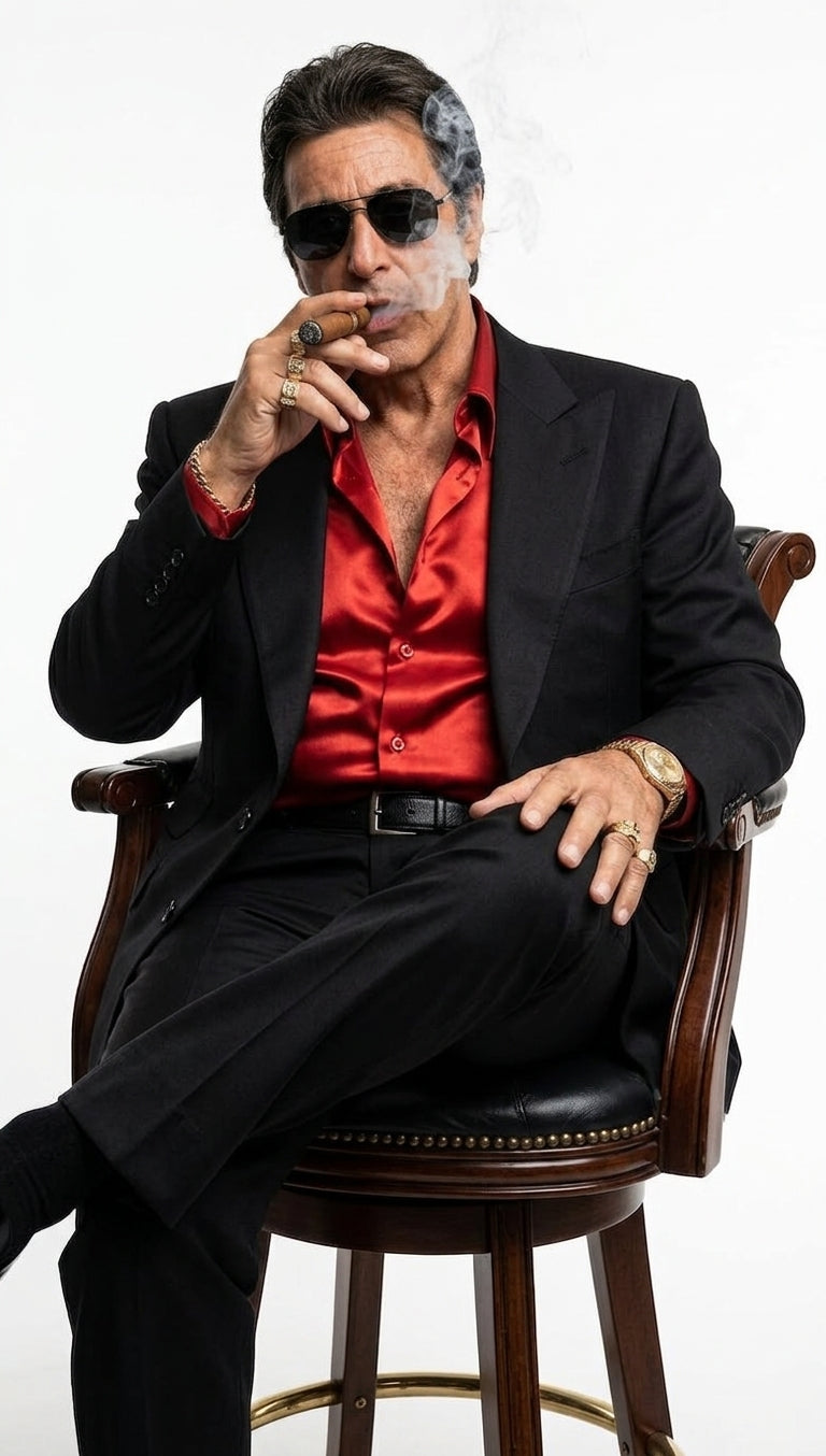 Tony Montana’s Black Blazer with Red Sateen Shirt – Men’s Black Formal Blazer and Red Satin Style Shirt Outfit for Party, Wedding and Vintage Wear - 36 Short