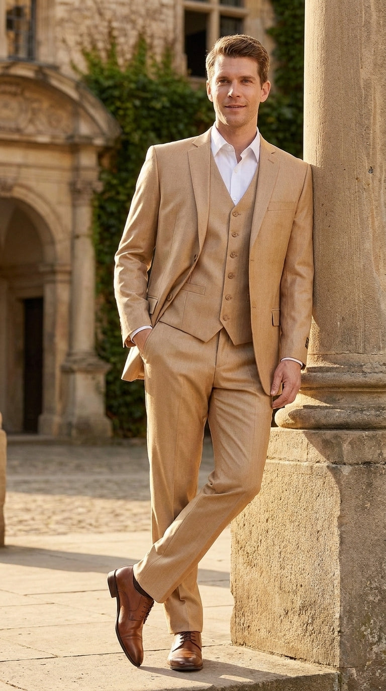 Men’s Camel Khaki Bronze Sharkskin 3-Piece Suit – Modern Wedding, Business and Formal Suit with Matching Vest - 34 Short or Extra Small