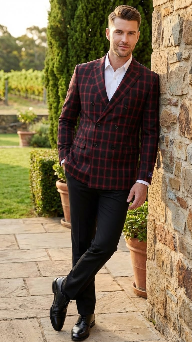 Men’s Black and Red Check Double Breasted Blazer – Sport Coat Jacket Windowpane Sportcoat Slim Fit - 36 Short