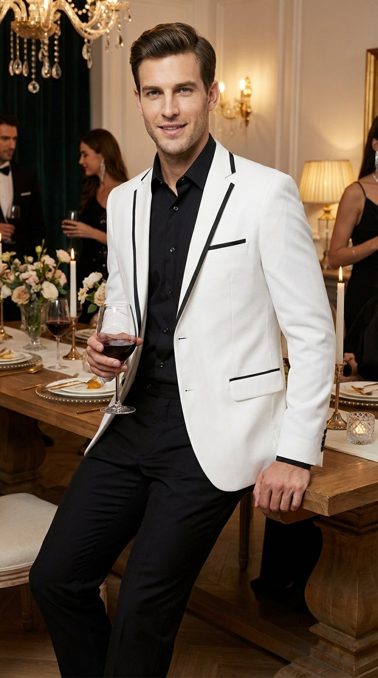 Men’s White Disco Blazer 70s Era Costume Jacket – Black Trim Retro Party Blazer, Vintage Dance Outfit, Stylish Evening Themed Wear - 36 Short
