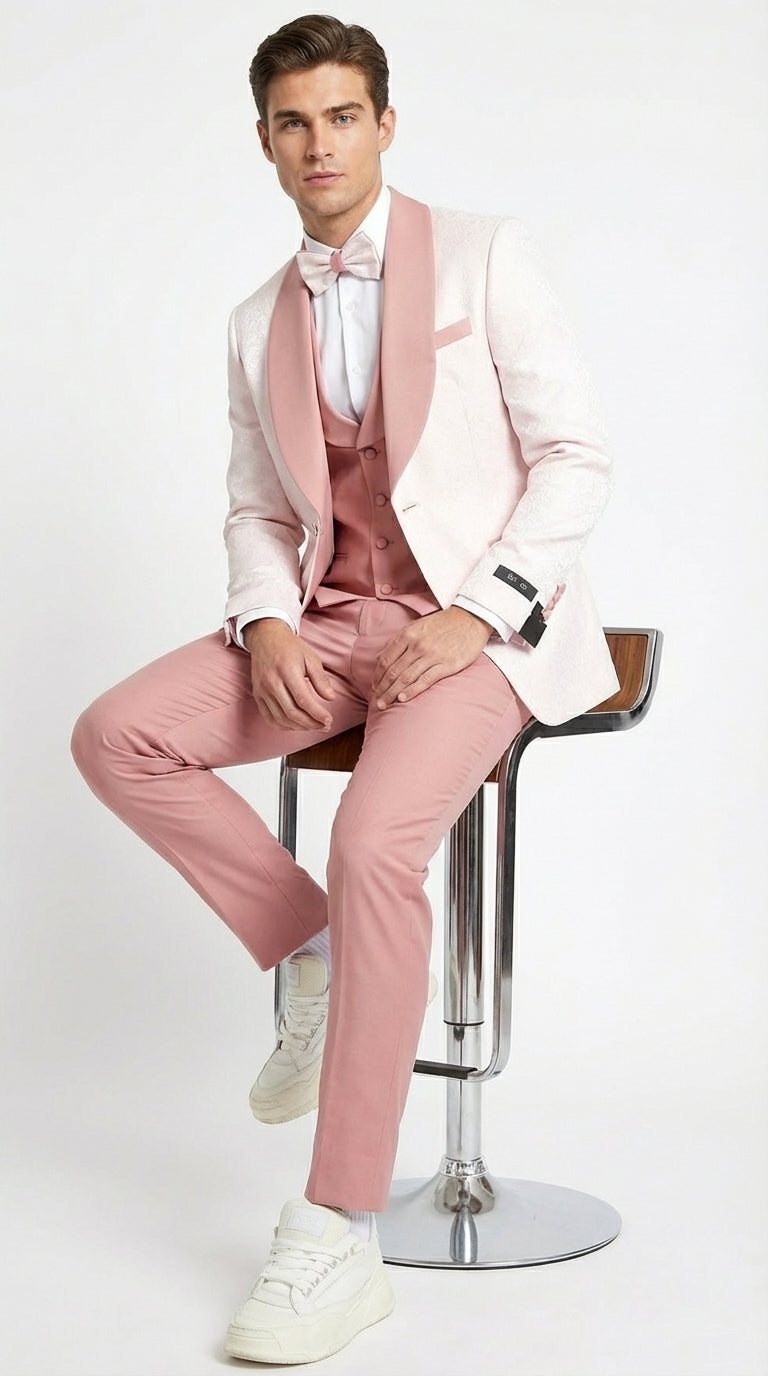 Men’s Cream and Rose Pink Prom Suit – Cream Tuxedo Jacket with Rose Pink Pants and Shawl Lapel Formal Suit for Prom and Wedding - 34 Short or Extra Small