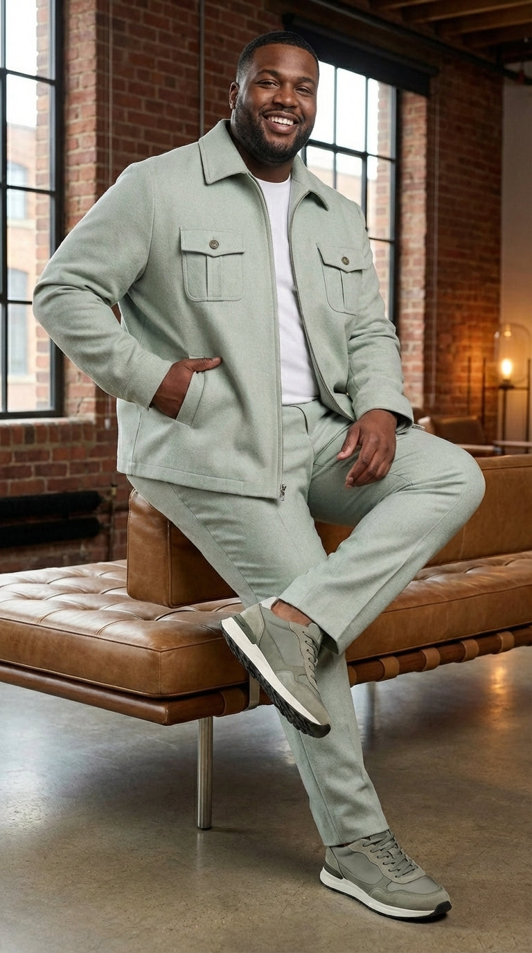 Mens Sage Green Walking Suit Set – Casual Safari Military Jacket and Pants Outfit for Travel - 34 Short or Extra Small