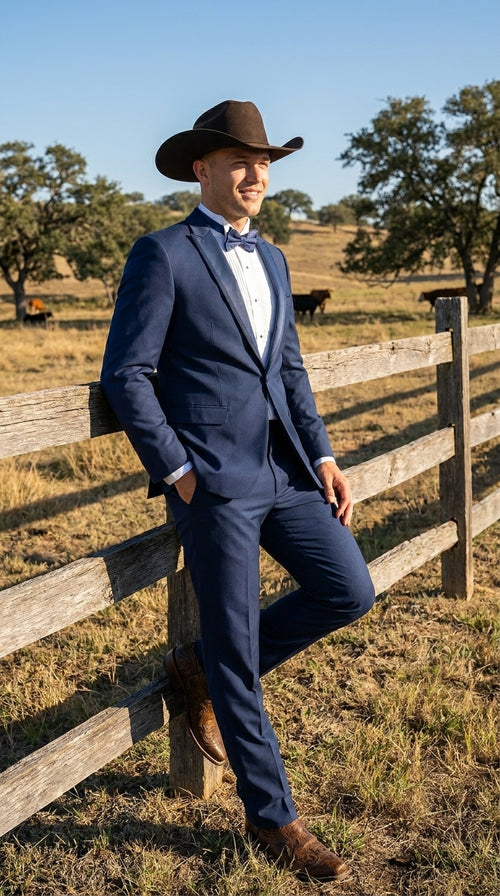 Men’s Saphire Indigo Blue Western Tuxedo Suit, Formal Wedding Prom Cowboy Tuxedo with Blue