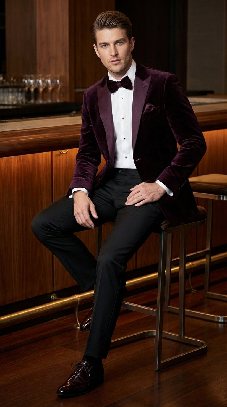 Mens Plum Eggplant Velvet Blazer Jacket – Luxury Velvet Dinner Jacket for Wedding, Tuxedo Events, Formal Parties in Burgundy Color - 36 Short