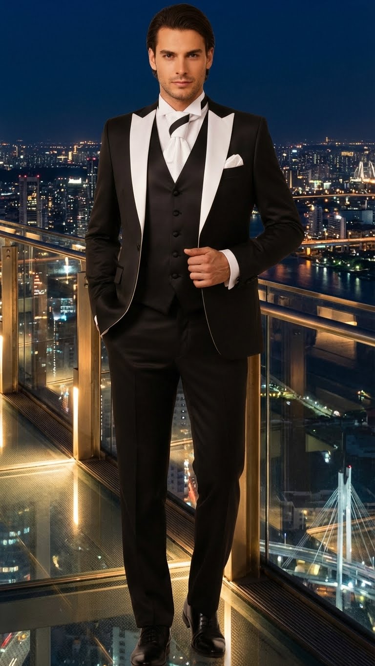 Men’s Black and White Lapel Prom Tuxedo Suit + Black Vest + Black Pants Peak Lapel - 34 Short or Extra Small