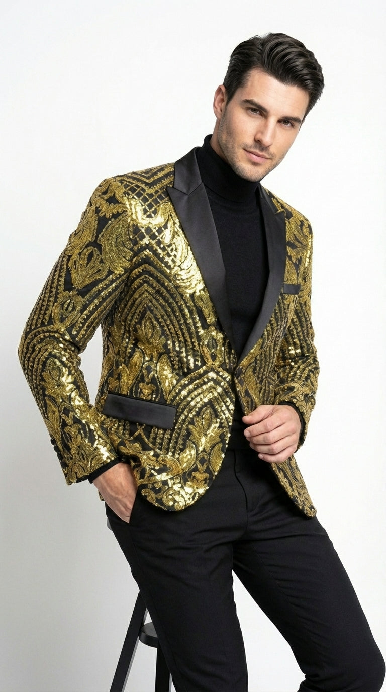 Mens Black and Gold Pattern Blazer – Gold Floral Luxury Formal Blazer Jacket for Prom, Wedding and Party Slim Fitted - S