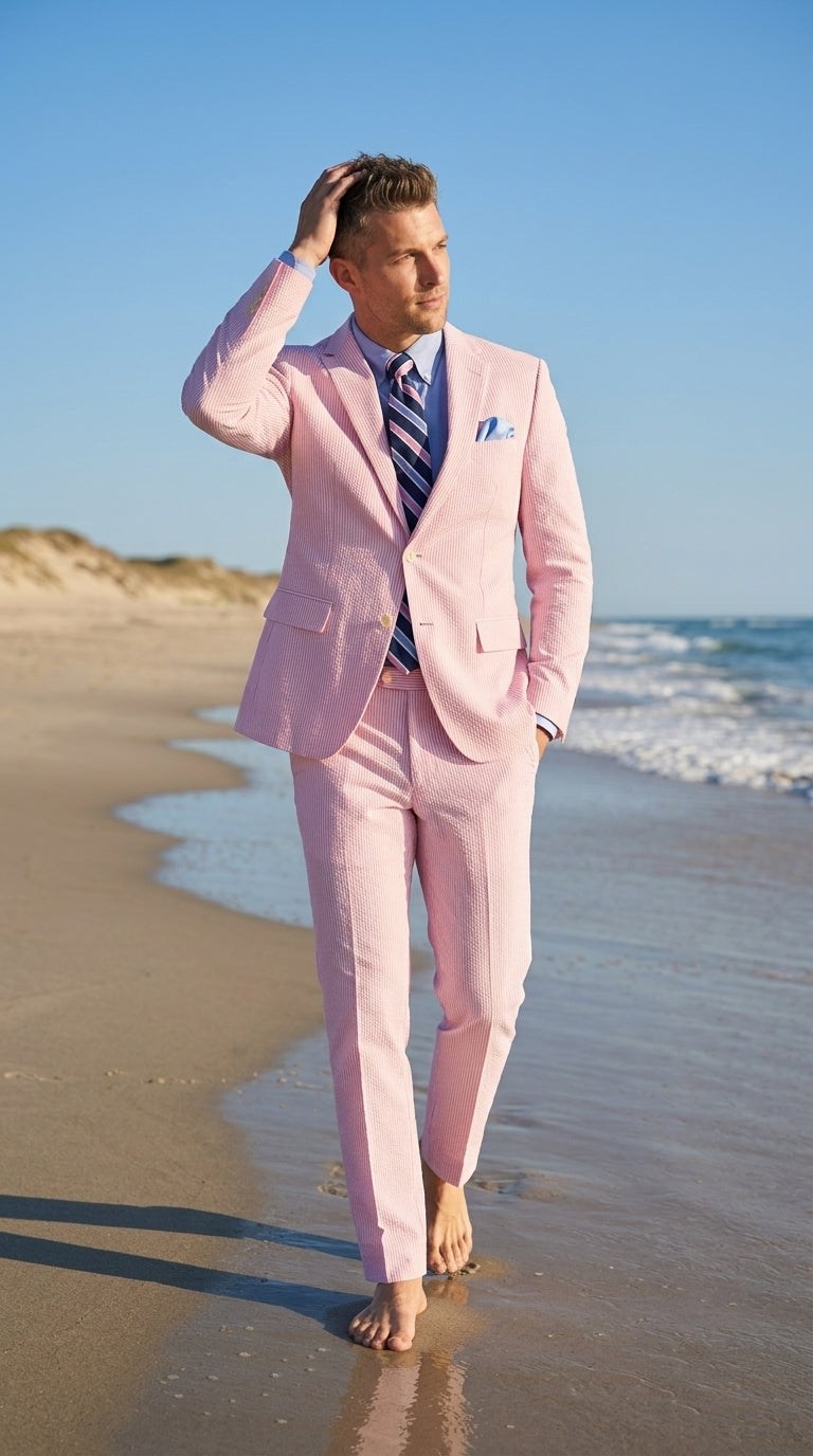 Men’s Pink Seersucker 2 Piece Suit, Lightweight Summer Dress Suit for Weddings, Prom, Parties, and Special Occasions - 34 Short or Extra Small