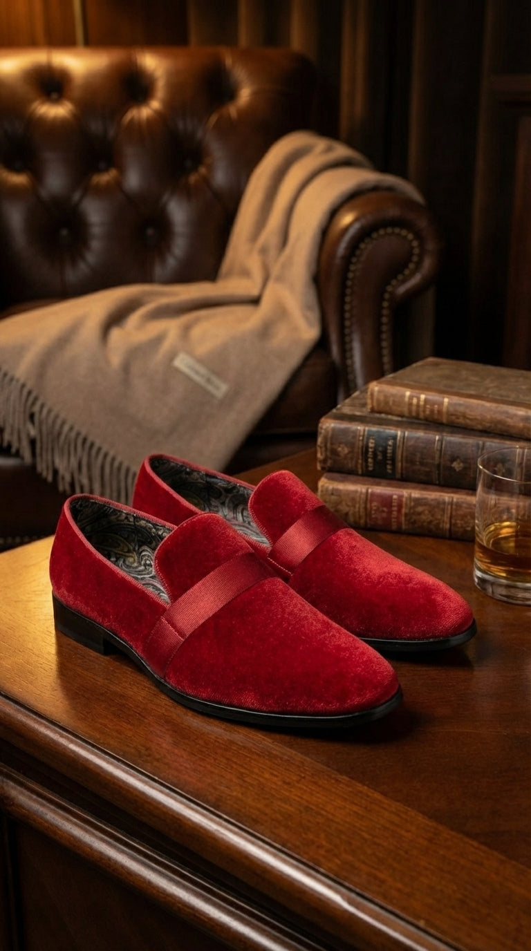 Mens Red Velvet Loafers – Luxury Formal Slip On Dress Shoes Wedding Party Prom Evening Shoes - 6