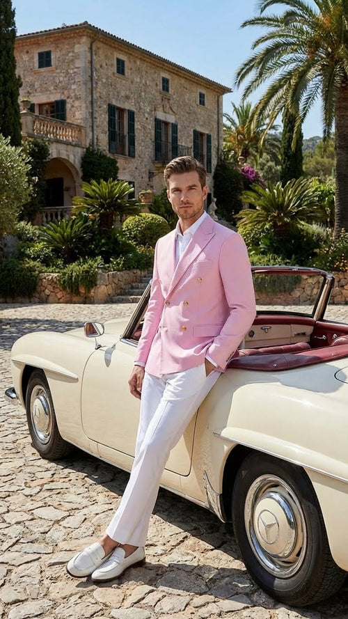 Mens Light Pink Double Breasted Blazer Sport Jacket Coat