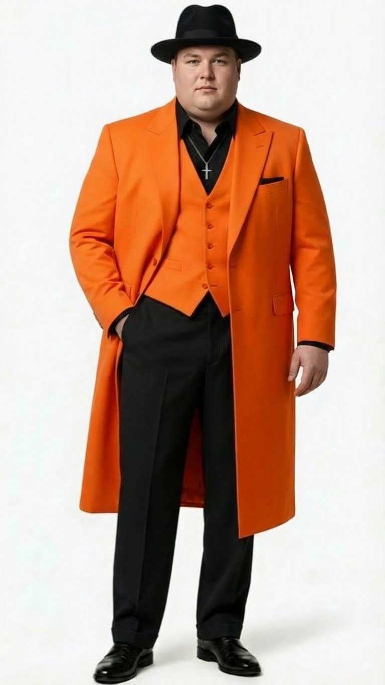 Men’s halloween Costume Orange Long Zoot Suit Set With Black Shirt and Black Pants included - 34 Short or Extra Small