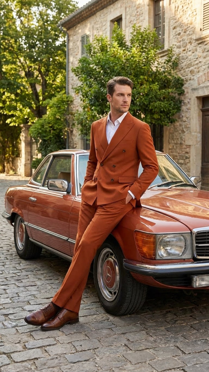 Vitali Brand Mens Burnt Orange Double Breasted Suit in Rust Brick Copper Color