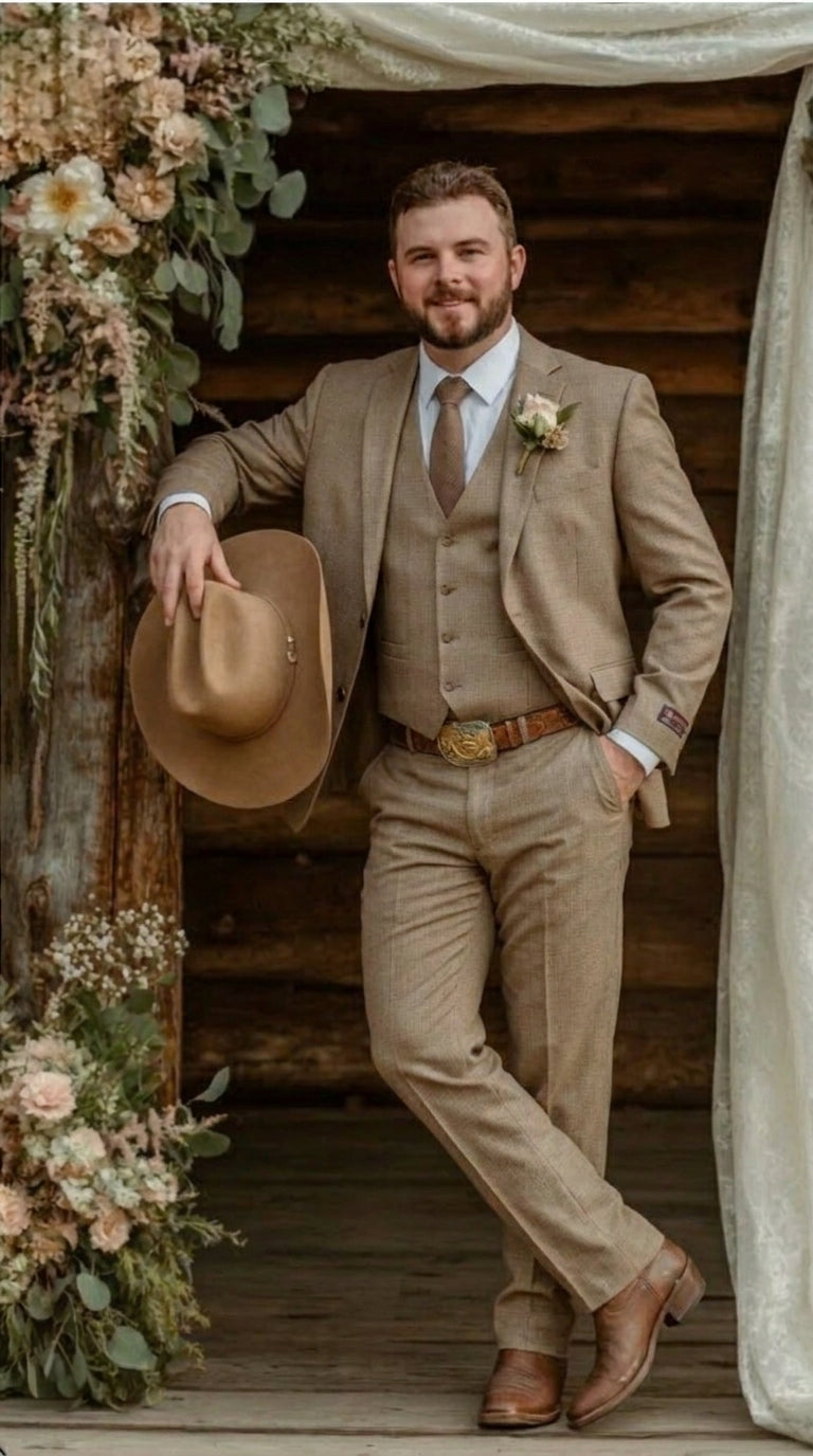Mens Sharkskin Dark Taupe Tan with sheen Western 3 Piece Suit – Classic Country Style Blazer Vest Pants Set, Formal Cowboy Suit Outfit - 34 Short or Extra Small