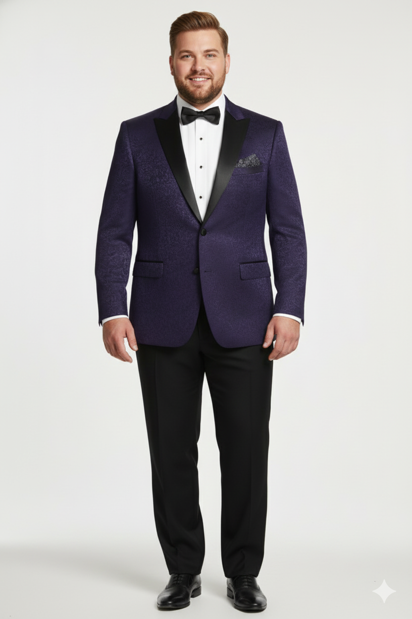 Menâ€™s Purple Paisley Tuxedo Jacket â€“ Ultra Slim Fit Dinner Blazer with Black Satin Peak Lapel - 36 Short