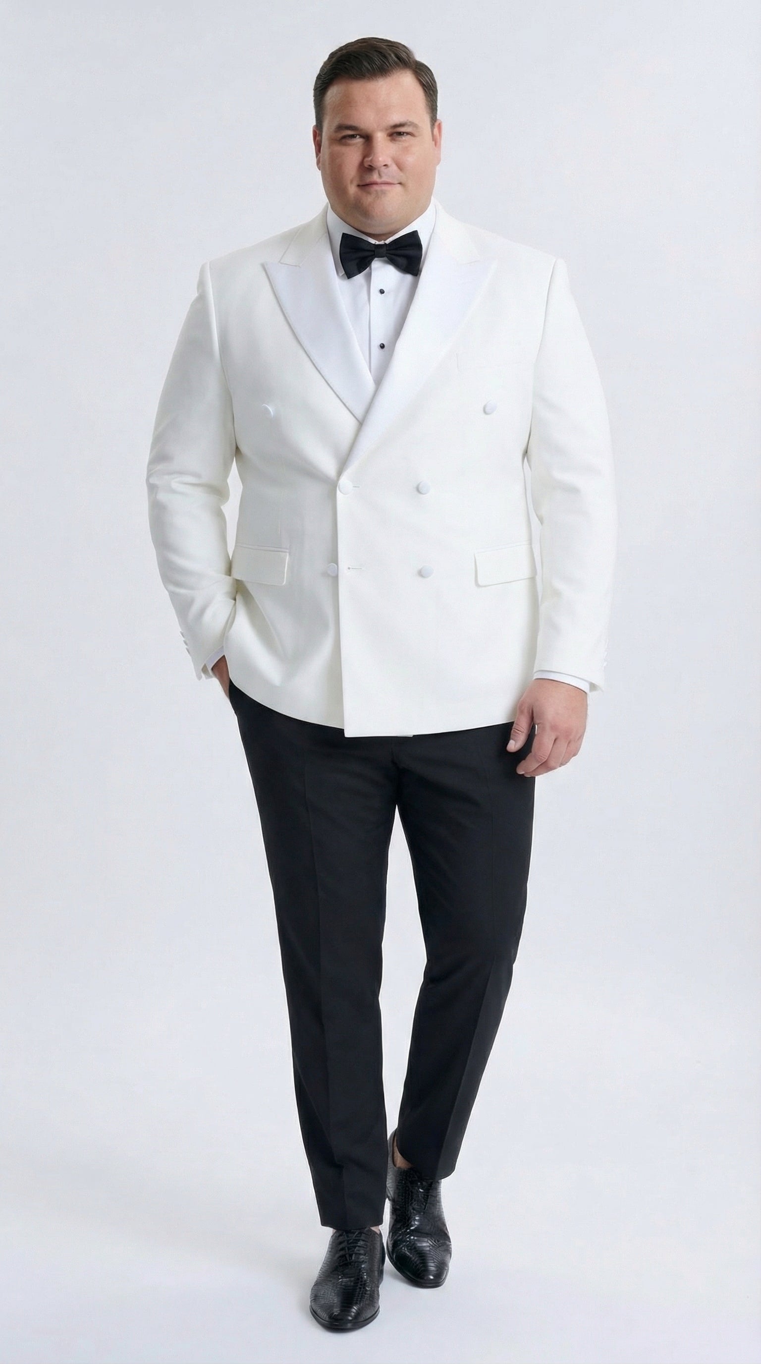 Mens White Double Breasted Dinner Jacket Blazer with Black Pants Formal Tuxedo Style Outfit for Weddings