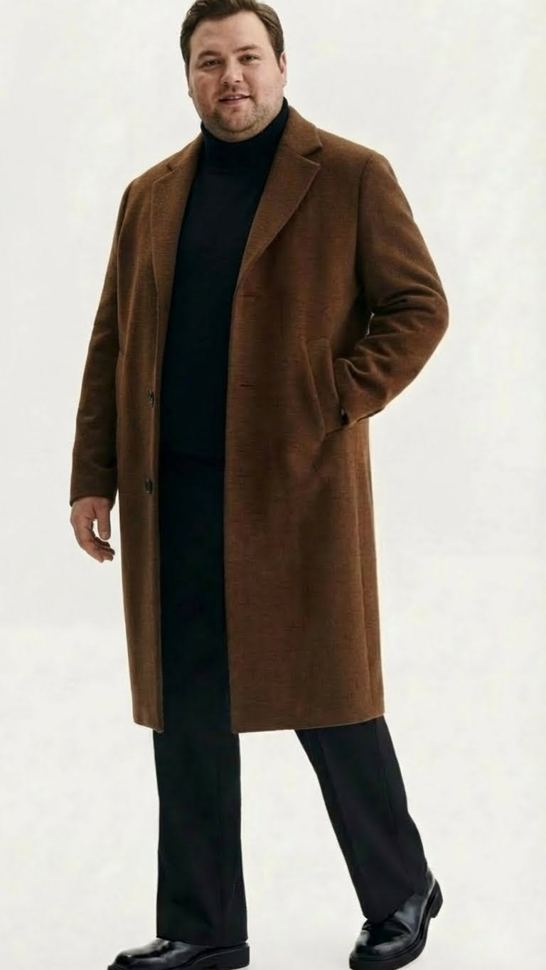 Men’s Brown Long Wool Overcoat – Topcoat Wool Carcoat Three Quarter - Coat Size 38