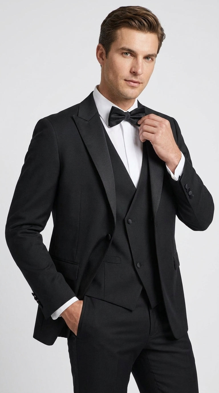 Men’s Black Boot Cut 3-Piece Tuxedo Suit – Peak Lapel Wedding, Prom and Formal Suit 1970s Style - 34 Short or Extra Small