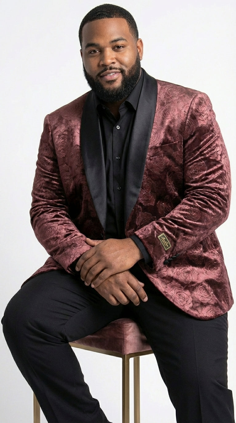 Mens Rust Copper Brick color Floral Jacquard Pasiley Blazer – Pattern Dinner Jacket with Black Shawl Lapel for Formal dinners and Wedding - 36 Short